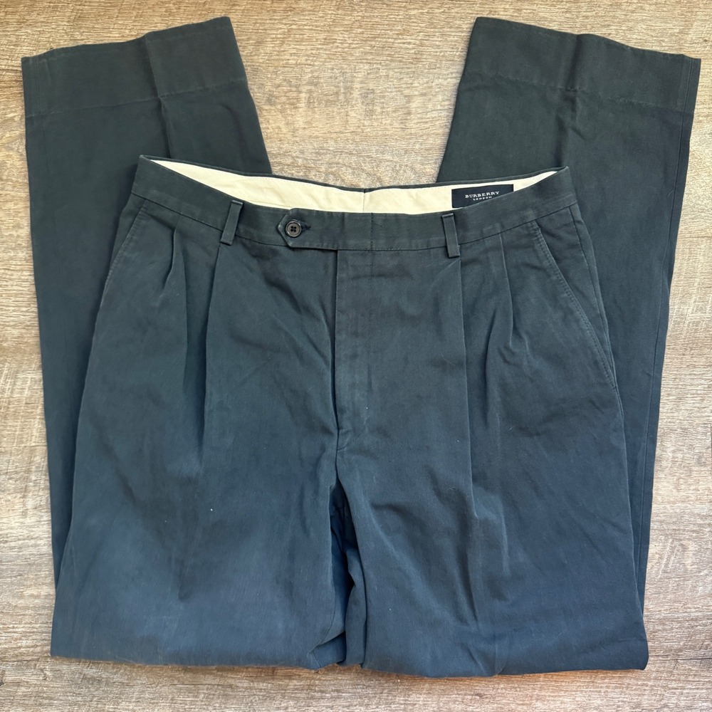 Burberry London Mens Pleated Trousers Navy Blue Cotton Dress Pants Size 32x32